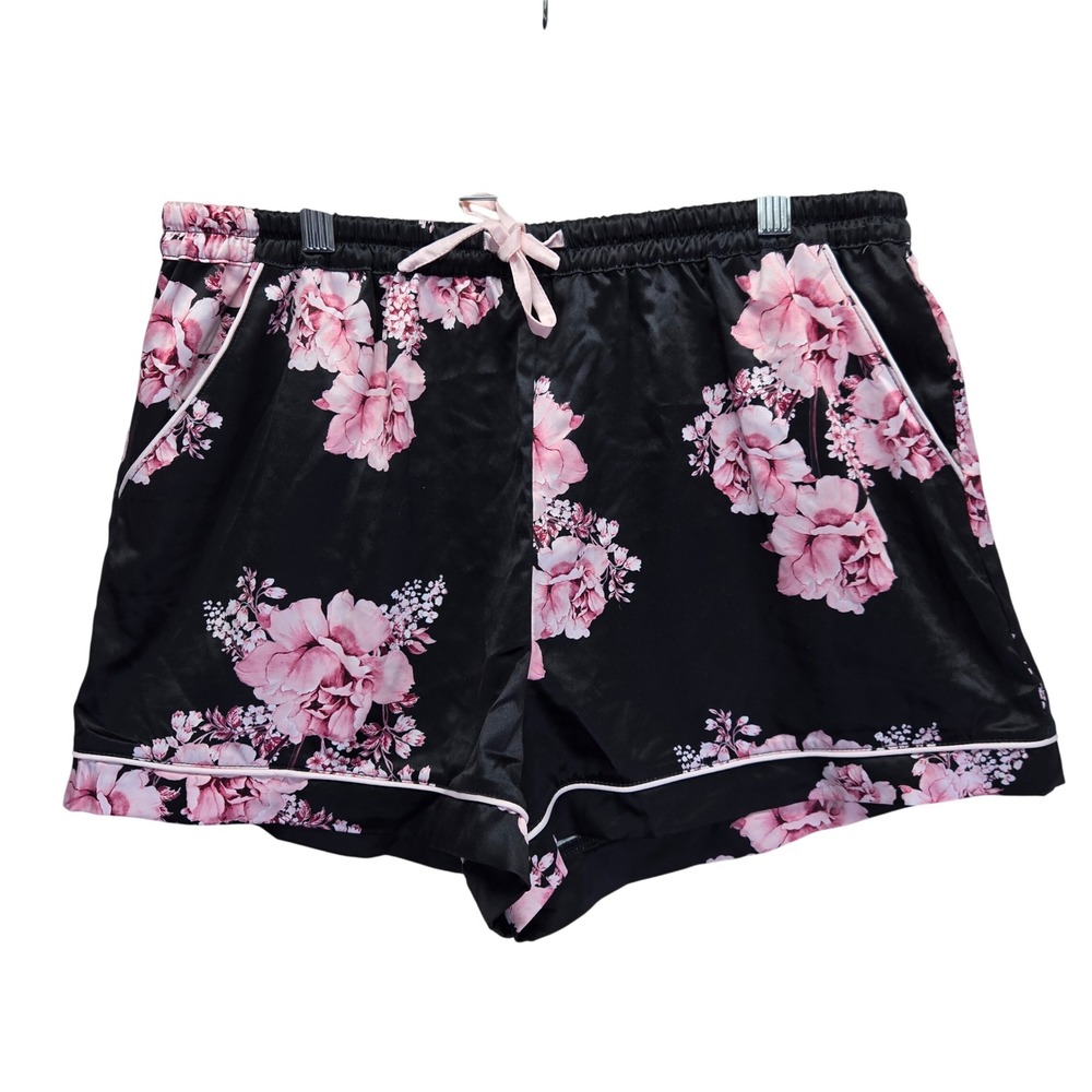 Le Rose Stories Womens Black Pink Floral Satin‎ Pajama Shorts Medium Romantic